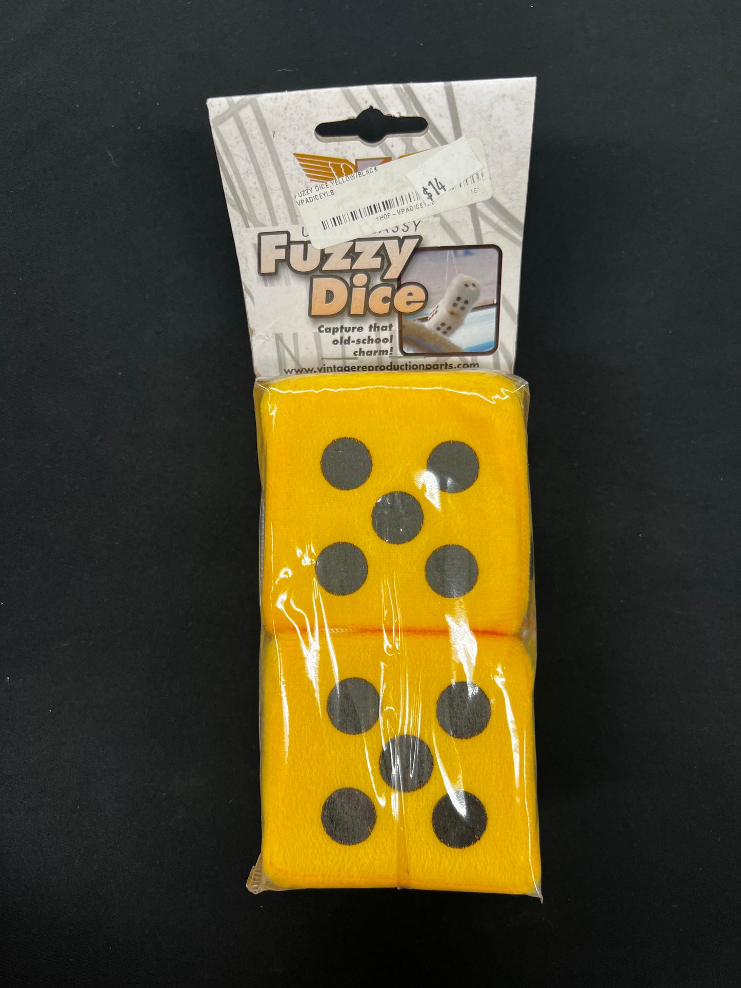 Yellow Fuzzy Dice with Black Dots - Pair