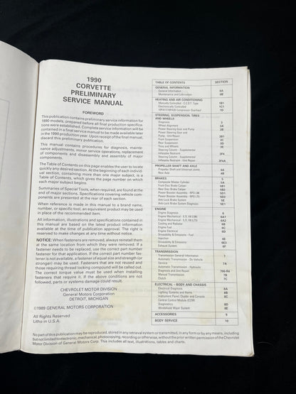 Original 1990 Corvette Repair Shop Manual