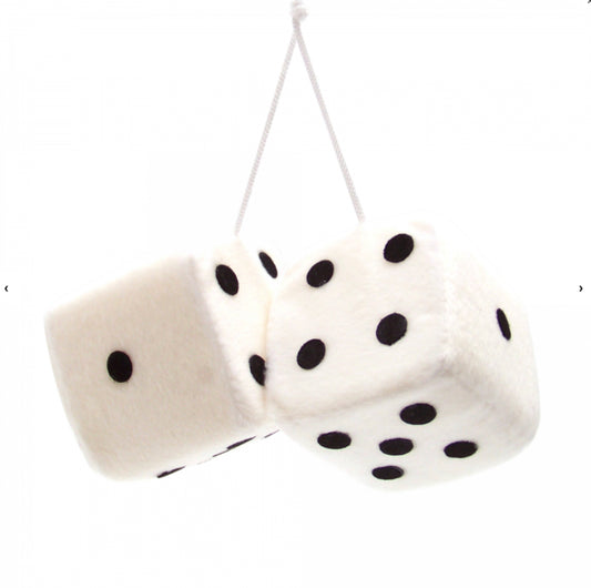 White Fuzzy Dice with Black Dots - Pair