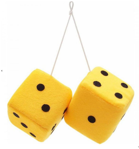Yellow Fuzzy Dice with Black Dots - Pair