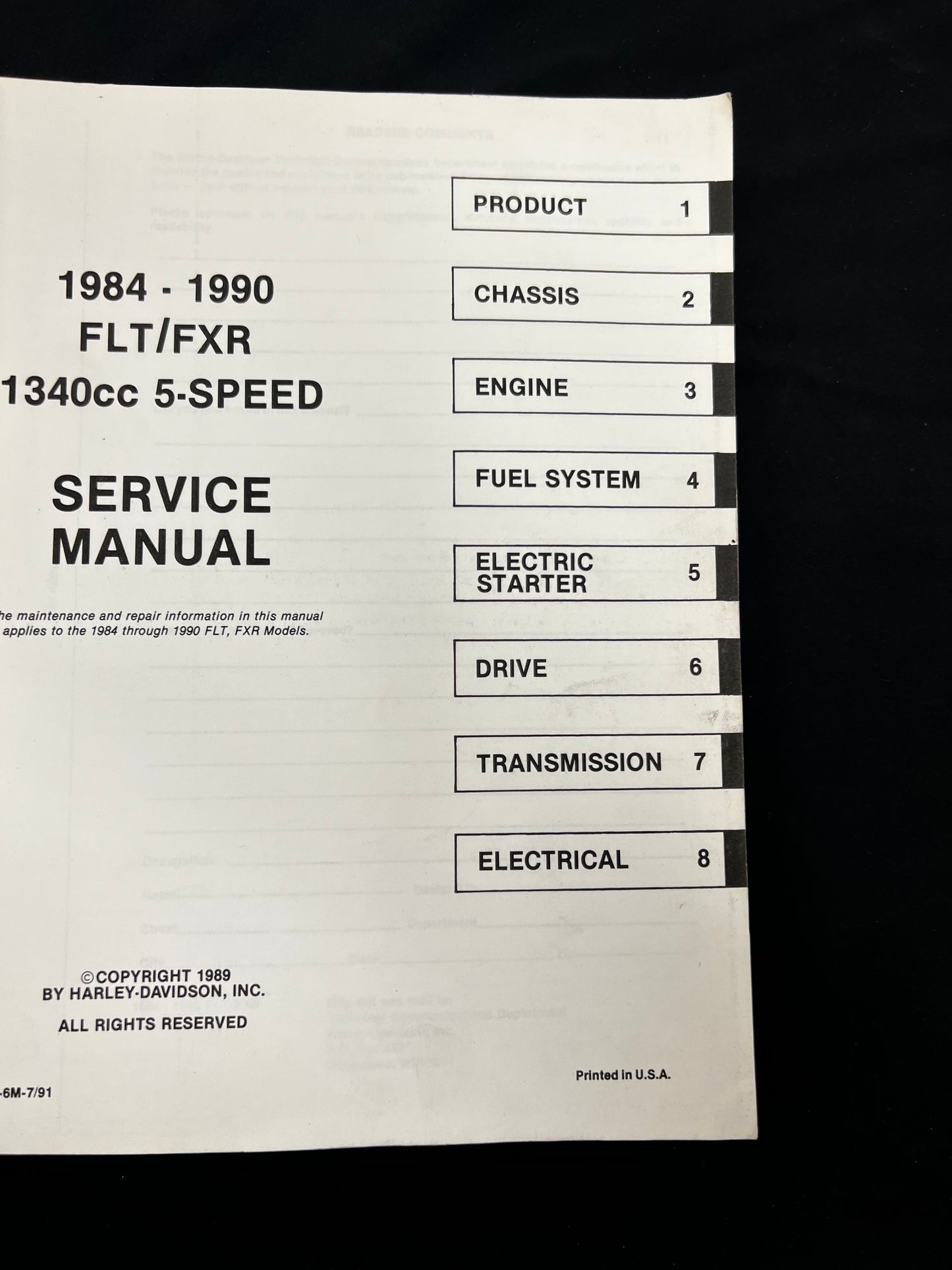 Harley Davidson 1984 to 1989 FLT FXR Models Service Manual