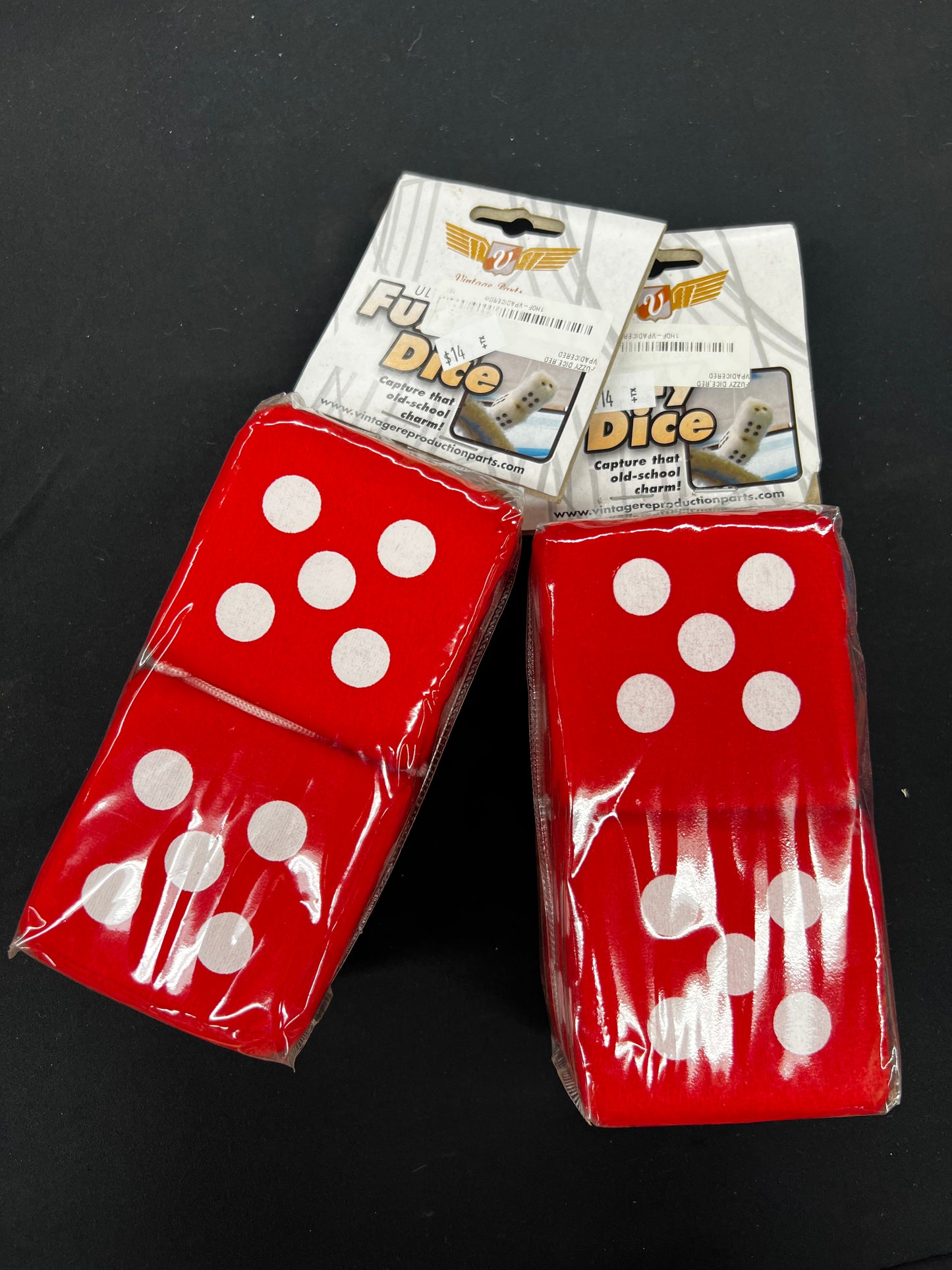 Red Fuzzy Dice with White Dots - Pair