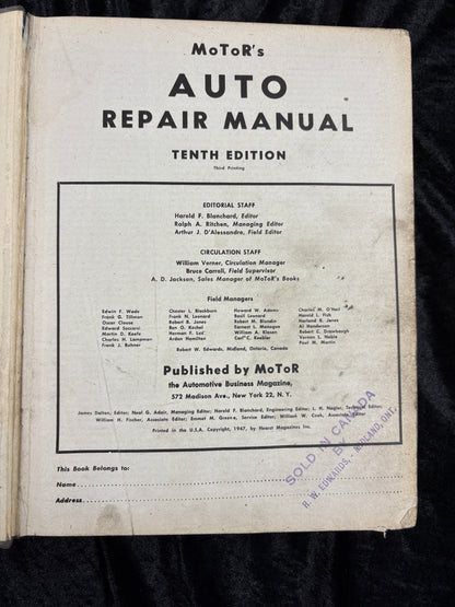 Motor’s Auto Repair Manual 10th Edition 3rd Printing Tenth Edition 1935 to 1946