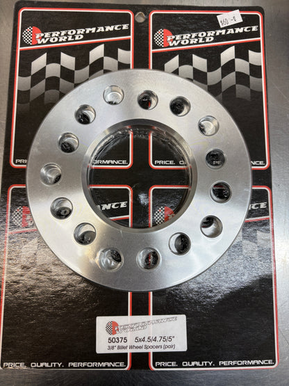 3/8" Billet aluminum 5-lug wheel spacers. Fits 5x4-1/2", 5x4-3/4" and 5x5". Sold in pairs.