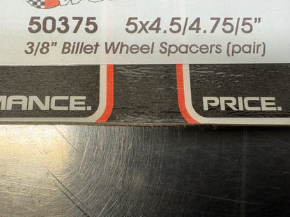 3/8" Billet aluminum 5-lug wheel spacers. Fits 5x4-1/2", 5x4-3/4" and 5x5". Sold in pairs.