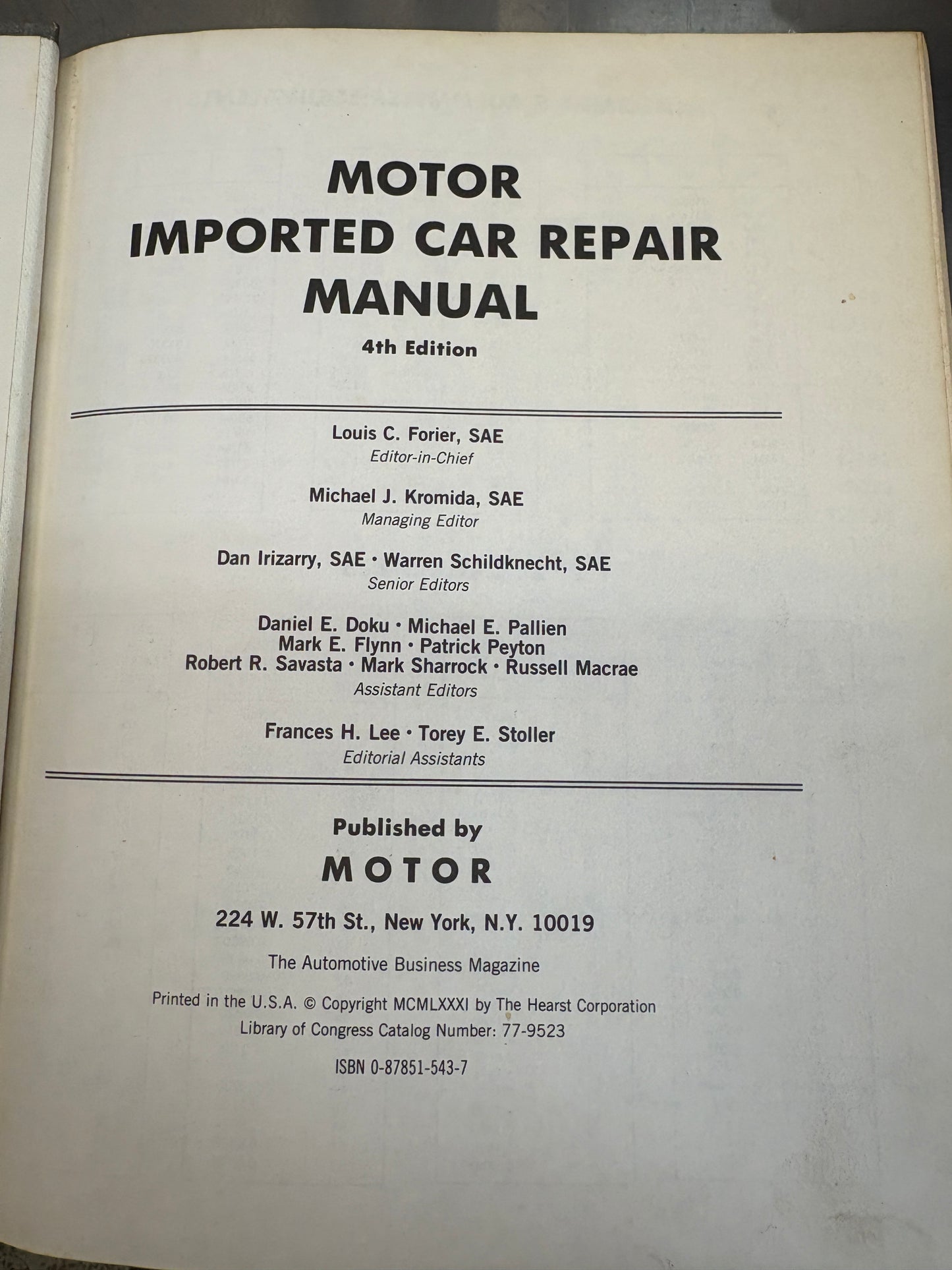 Motor Imported Car Repair Manual  Professional Service Trade Edition