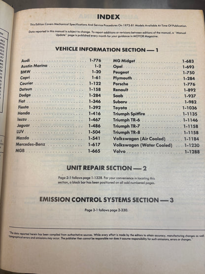 Motor Imported Car Repair Manual  Professional Service Trade Edition