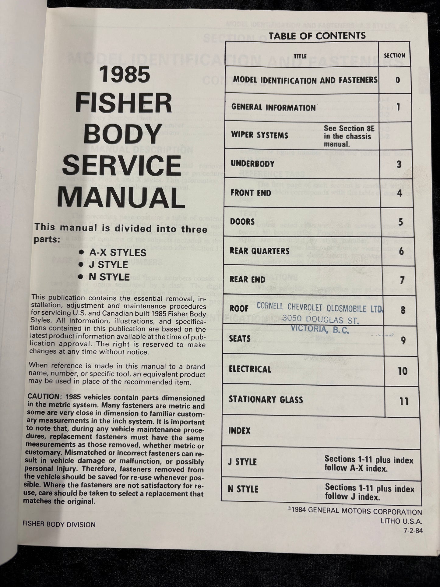 1985 Body by Fisher Service Manual A - X J AND N Styles