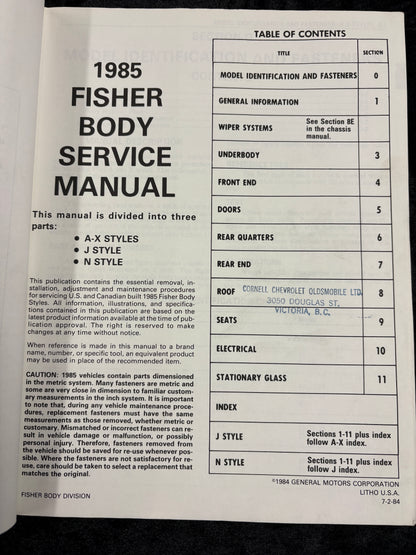 1985 Body by Fisher Service Manual A - X J AND N Styles