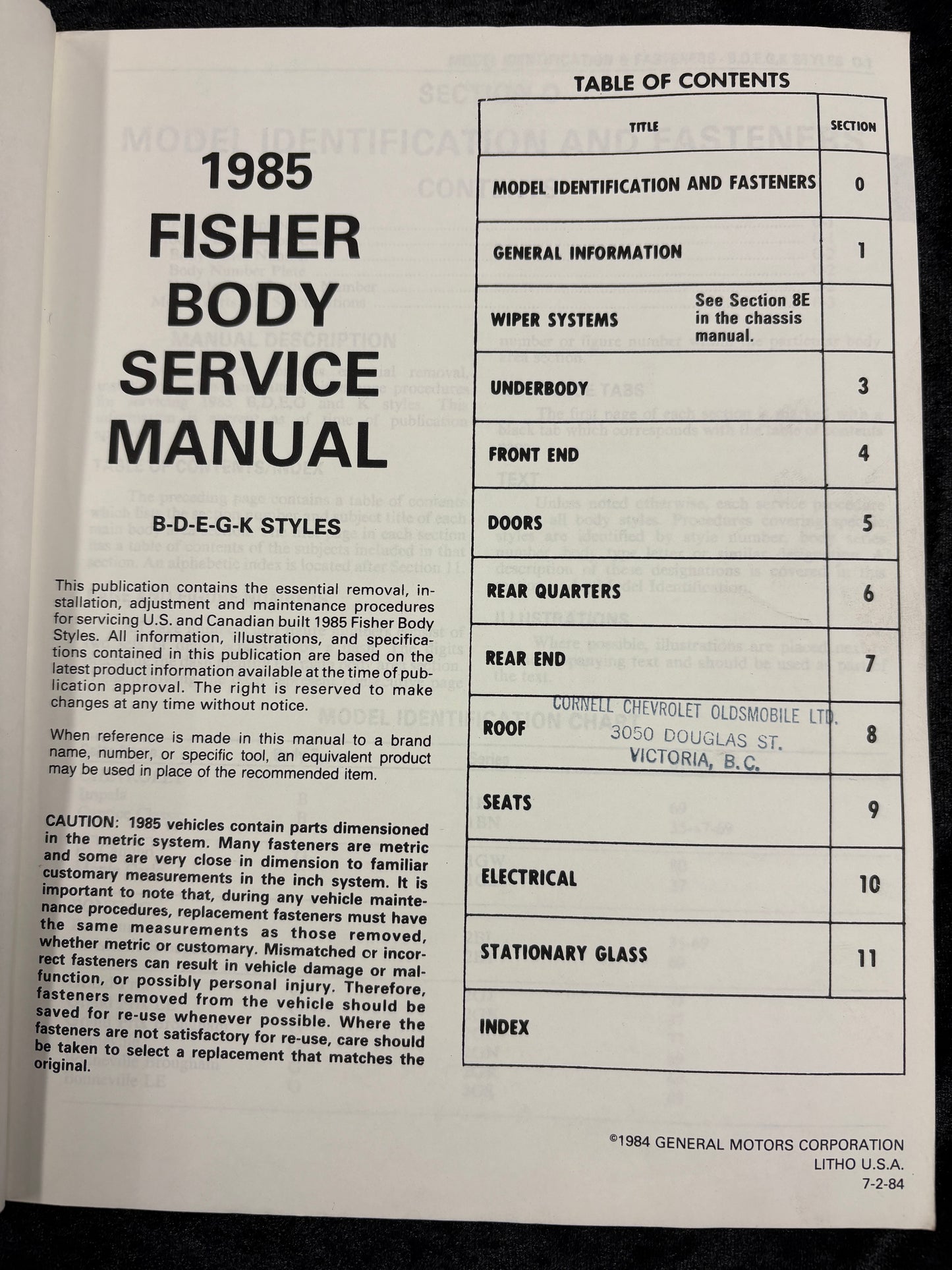 1985 Body by Fisher Service Manual B-D-E-G-K Styles
