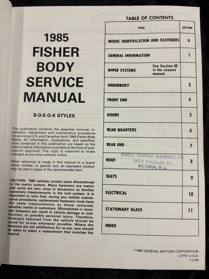 1985 Body by Fisher Service Manual B-D-E-G-K Styles