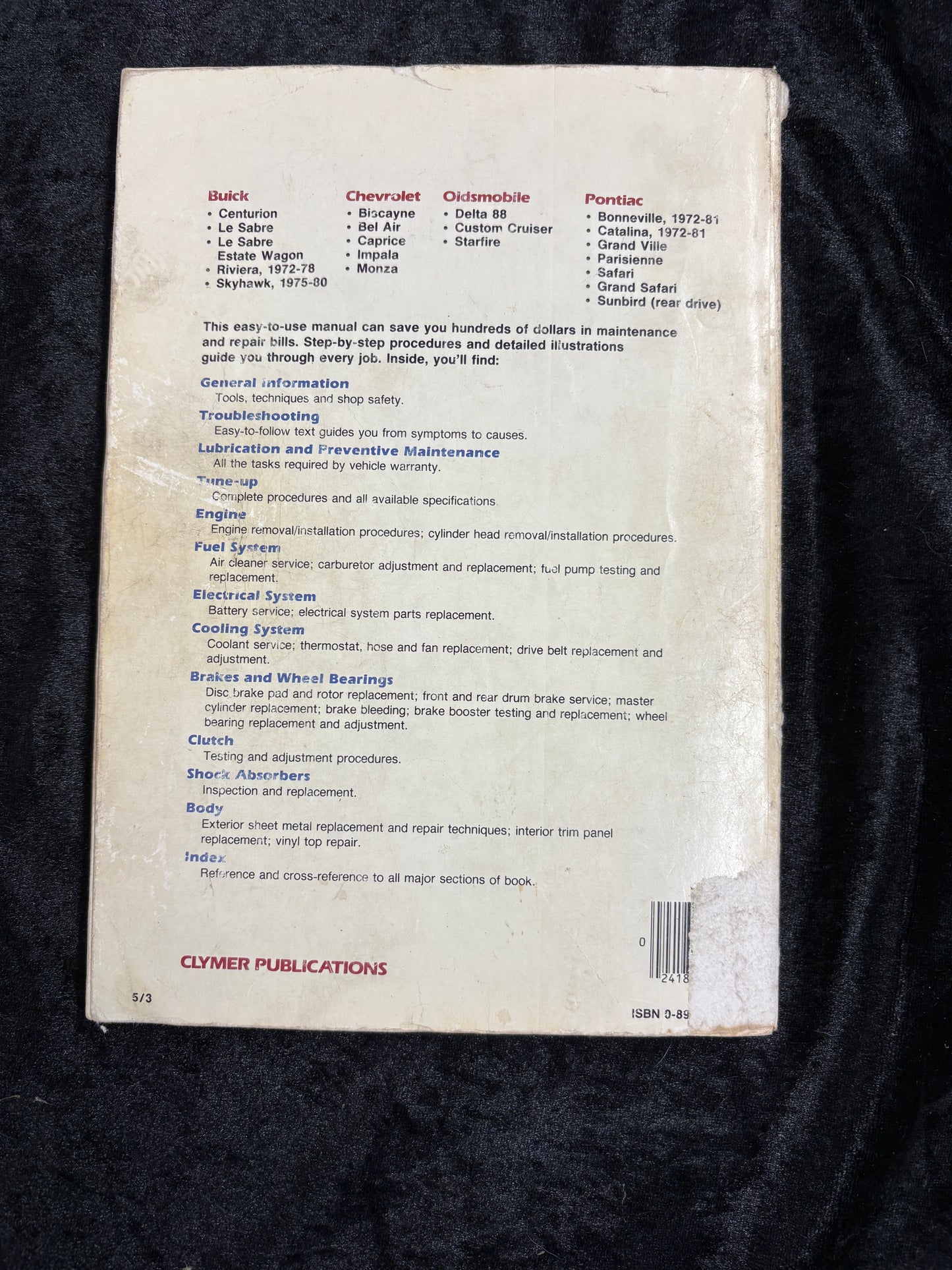 Clymer General Motors 1972-1987 Repair and Tune Up Guide Buick Chevy Pontiac