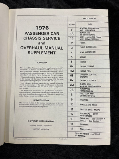 Original 1976 Chevy Shop Manual Sup El Camino Camaro Corvette Impala Monte Carlo