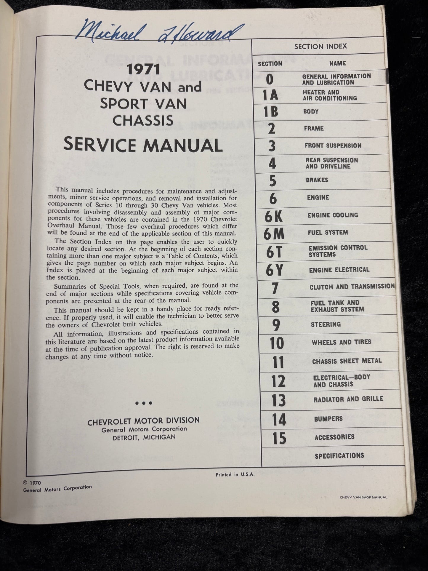 1971 Chevrolet Van Sportvan Service Manual