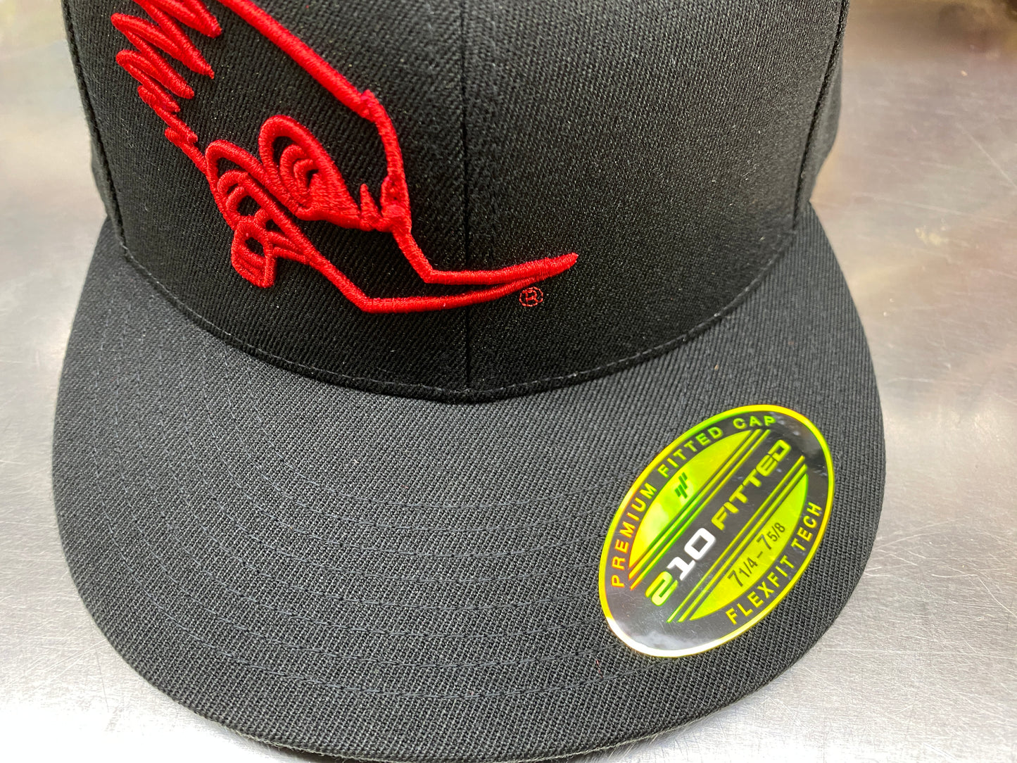 Mr. Horsepower Red Outline Flat Bill FlexFit Black Hat