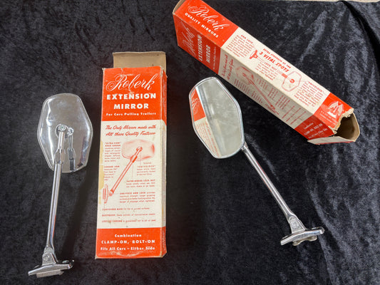 Roberk Extension Mirrors -- NOS Pair, Original Boxes -- Vintage Trailer Towing Mirrors